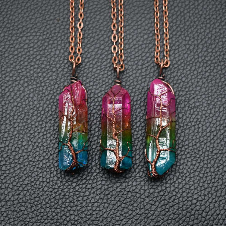 Hot Selling Stone Crystal Pillar Tree Of Life Pendant Ins Fashion Necklace - Serenity Spaces
