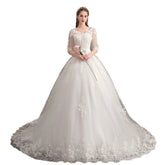 Wedding Dress Trailing Deep V Neck Lace High Waist Wedding Dress Long Sleeves - Serenity Spaces