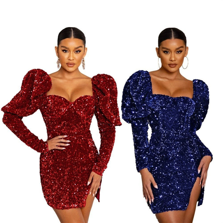 Sequin Backless Padded Shoulder Bubble Sleeve Party Dresses For Women - Serenity Spaces