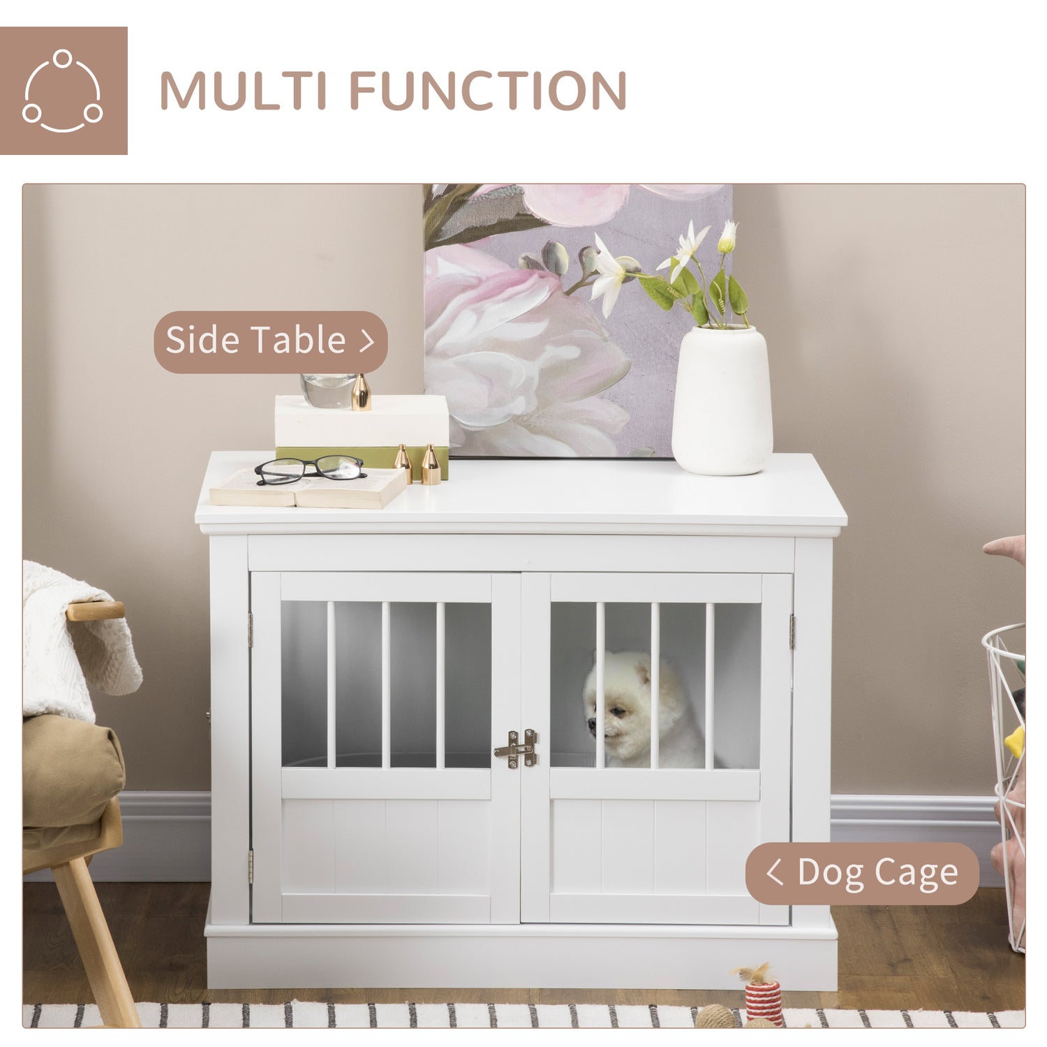 Wooden Dog Crate End Table, Dog Crate Furniture with Triple Doors, Puppy Crate for Small Dogs Indoor Use, White - Serenity Spaces