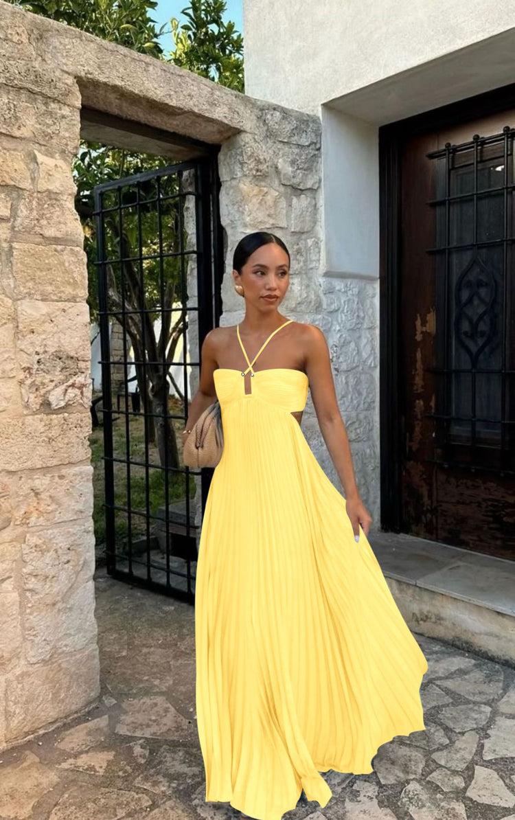 Ins Pleated Sleeveless Sling Dress Hollow High Waist Halter Robe Dresses For Evening Party Club Clothing Women - Serenity Spaces