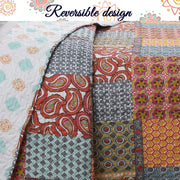 Tangerine Orange Gray Blue Motif Geometric Ogee Paisley Reversible Quilt Bedding Set, Bedspread, Coverlet Lightweight for All Seasons (Antique Chic, King - 3 Piece)