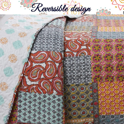 Tangerine Orange Gray Blue Motif Geometric Ogee Paisley Reversible Quilt Bedding Set, Bedspread, Coverlet Lightweight for All Seasons (Antique Chic, King - 3 Piece)