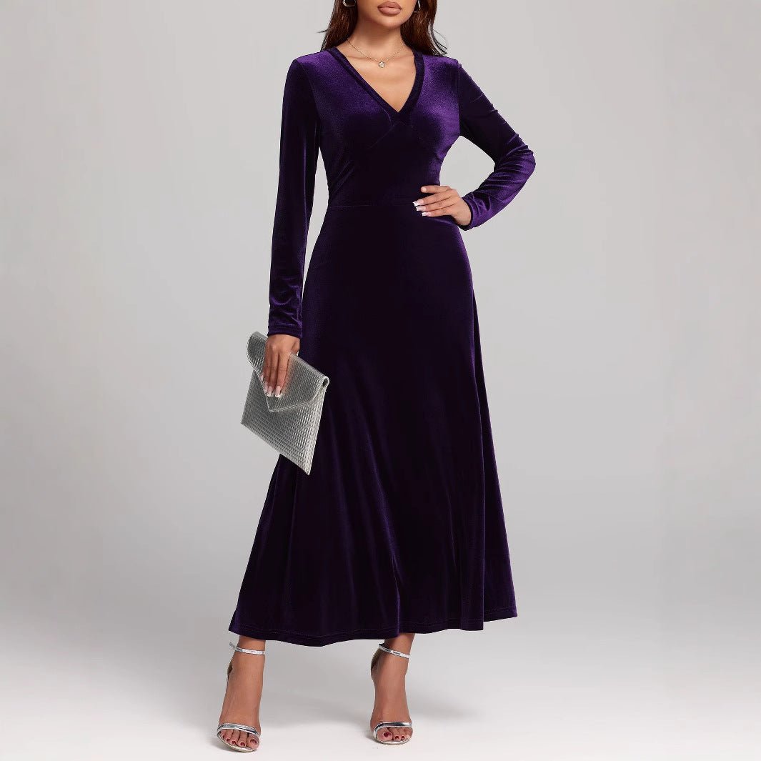 V - neck Long Sleeve Evening Dress Pleuche Dress - Serenity Spaces