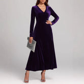 V - neck Long Sleeve Evening Dress Pleuche Dress - Serenity Spaces
