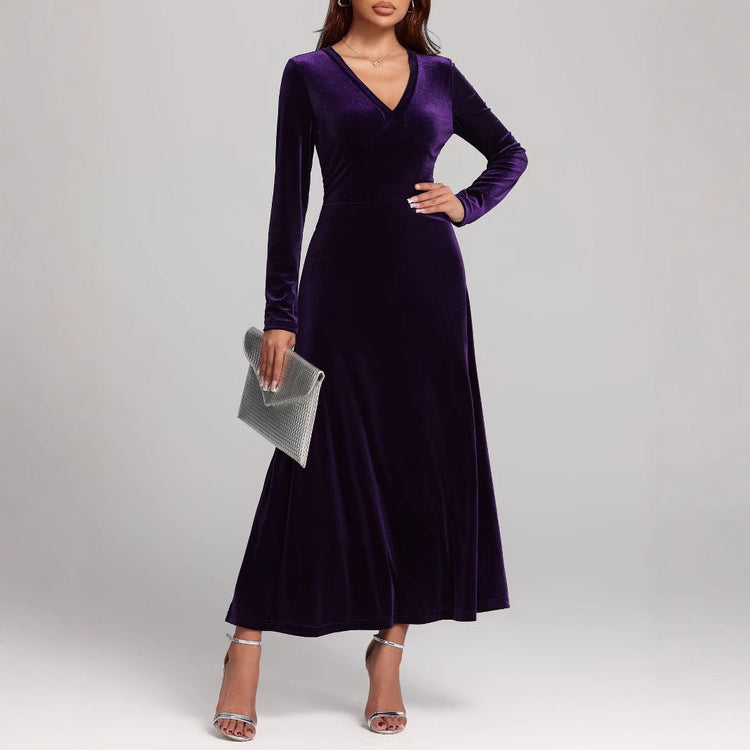 V - neck Long Sleeve Evening Dress Pleuche Dress - Serenity Spaces