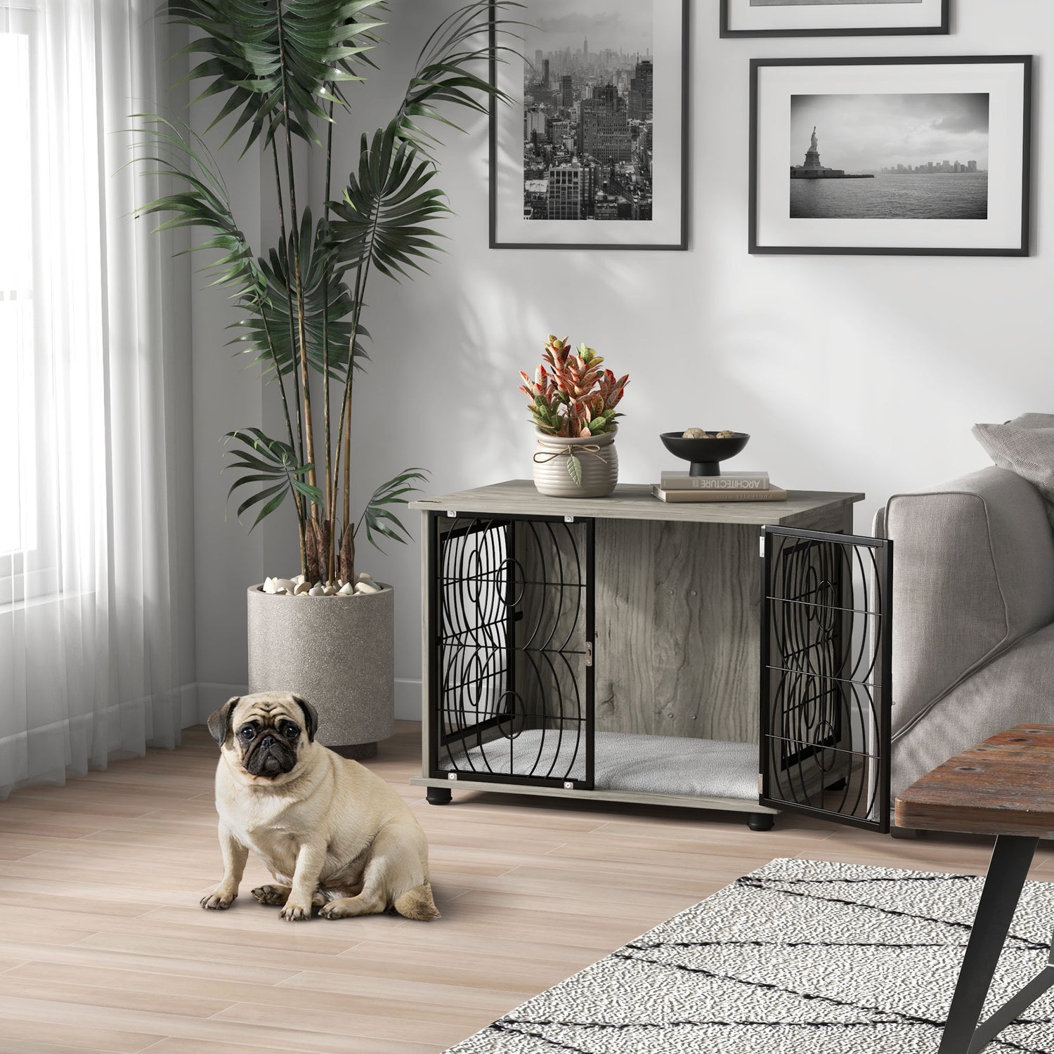 PawHut Indoor Dog Crate Furniture End Table W/ Plush Washable Cushion, Lockable Door, For Medium Dogs - Serenity Spaces