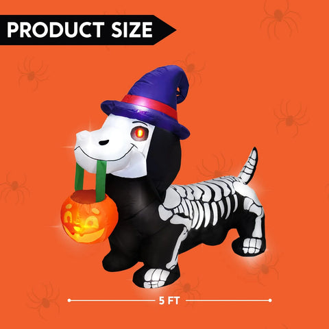 5 FT Halloween Inflatables Light up Pumpkin Skeleton Wiener Dog Long Halloween Inflatables Outdoor Decorations,Blow up Halloween Yard Decorations