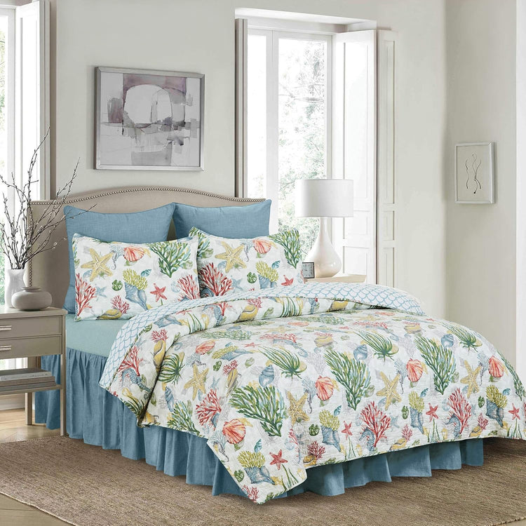 Shellwood Sound King 3 Piece Quilt Set Summer Beach Ocean Coastal Reversible Machine Washable Lightweight Bedspread Coverlet King 3 Piece Set Blue - Serenity Spaces