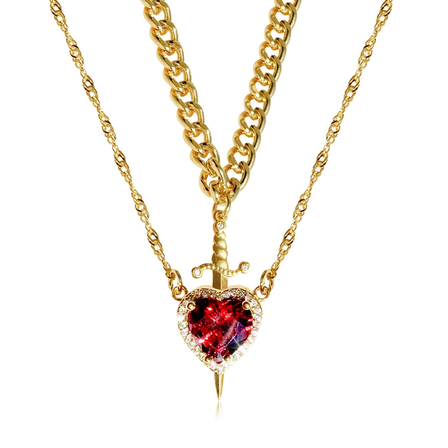 Gothic Punk One Arrow Through The Heart Creative Two Color Couple Necklace Red Rhinestone Heart Dagger Necklace Good Friend Gift Fashion Jewelry - Serenity Spaces