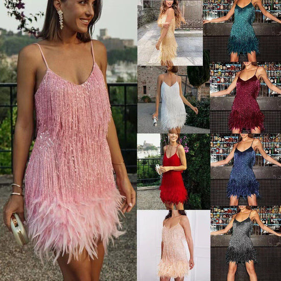 Sexy Tassel Sequins Feather Summer Mini Dress Women V Neck Spaghetti Strap Stitching Dresses Female Elegant Evening Party Club Dress - Serenity Spaces