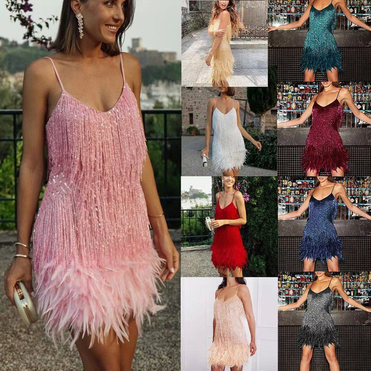 Sexy Tassel Sequins Feather Summer Mini Dress Women V Neck Spaghetti Strap Stitching Dresses Female Elegant Evening Party Club Dress - Serenity Spaces