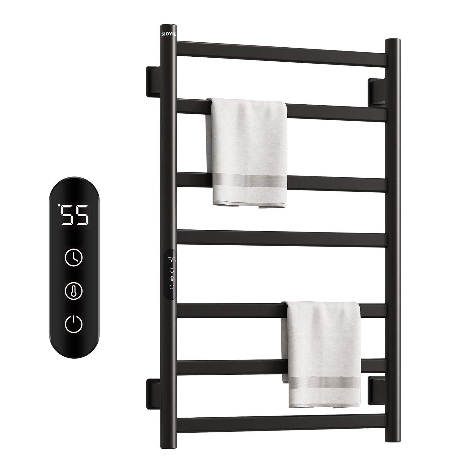 SIOYIE Towel Warmer Bathroom Wall Mounted 6 Bars Electric Towel Drying, 150 W 500 800 MM Heated Towel Rack With Intelligent Touch Screen Timer And Temperature Control Black Left - Serenity Spaces