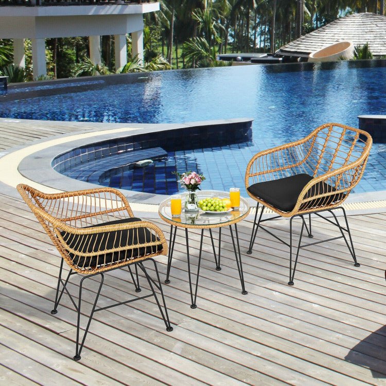 3 Pieces Rattan Furniture Set With Cushioned Chair Table - Serenity Spaces