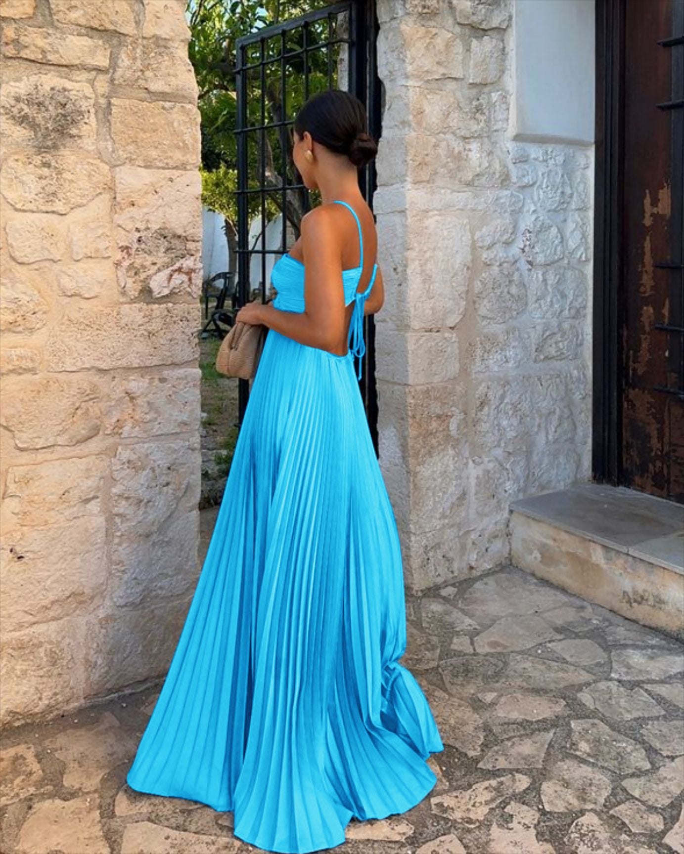 Ins Pleated Sleeveless Sling Dress Hollow High Waist Halter Robe Dresses For Evening Party Club Clothing Women - Serenity Spaces