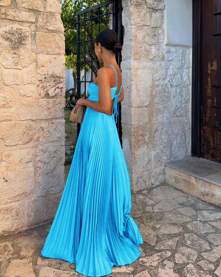 Ins Pleated Sleeveless Sling Dress Hollow High Waist Halter Robe Dresses For Evening Party Club Clothing Women - Serenity Spaces