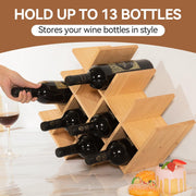 Wooden 13-Bottle Wine Rack - Nature Wood 4-Tier Wine Display Rack/Free Standing and Countertop Storage Shelf - Bottle Holder/Cabinet Glass XHJJ4-NA