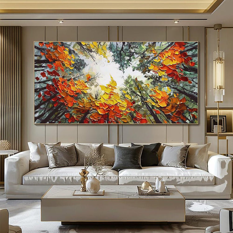 Modern Brich Treescape Landscape Canvas Artwork Handpainted Orange Forest Thick Oil Painting Natural Home Wall Decor - Serenity Spaces