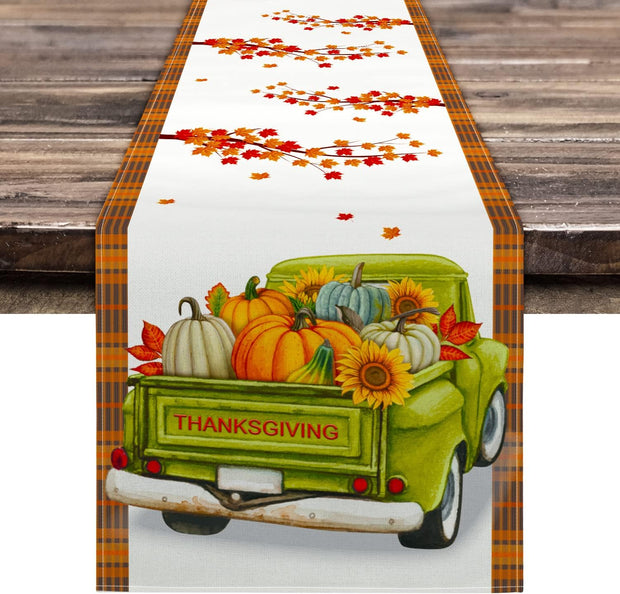 Thanksgiving Table Runner, Fall Table Runner Thanksgiving Decorations Green Truck Thanksgiving Table Decorations for Indoor Outdoor Thanksgiving Party Dining Table Decor (13" X 72")