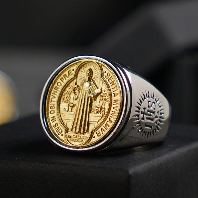 Christian Order Of St. Benedict In Titanium And Bronze Ring - Serenity Spaces