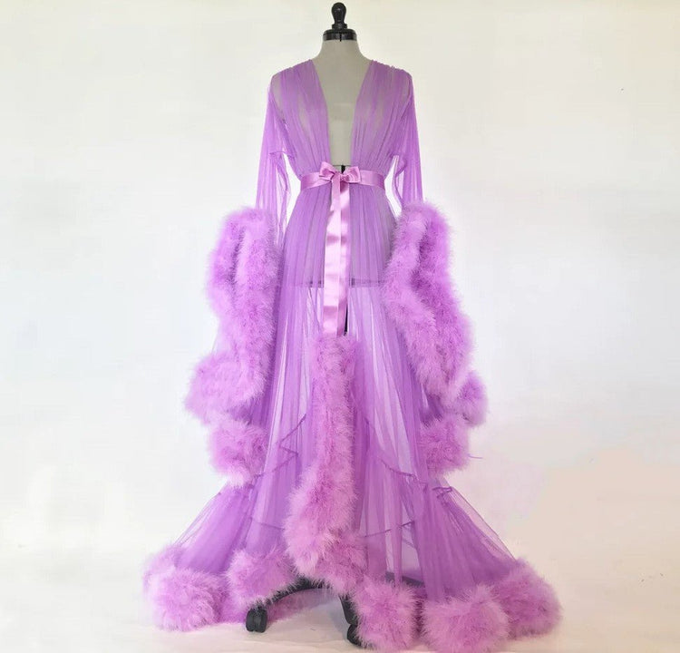 lingerie Women Fur Robe Hot See Through Mature Women Sexy Nightgowns Long Bridal Robes - Serenity Spaces