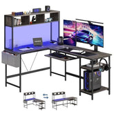 L Shaped Gaming Desk 67, Reversible Computer Desks With Led Lights Corner Table With Keyboard Tray Side Bag Storage Shelf Metal Frame - Serenity Spaces