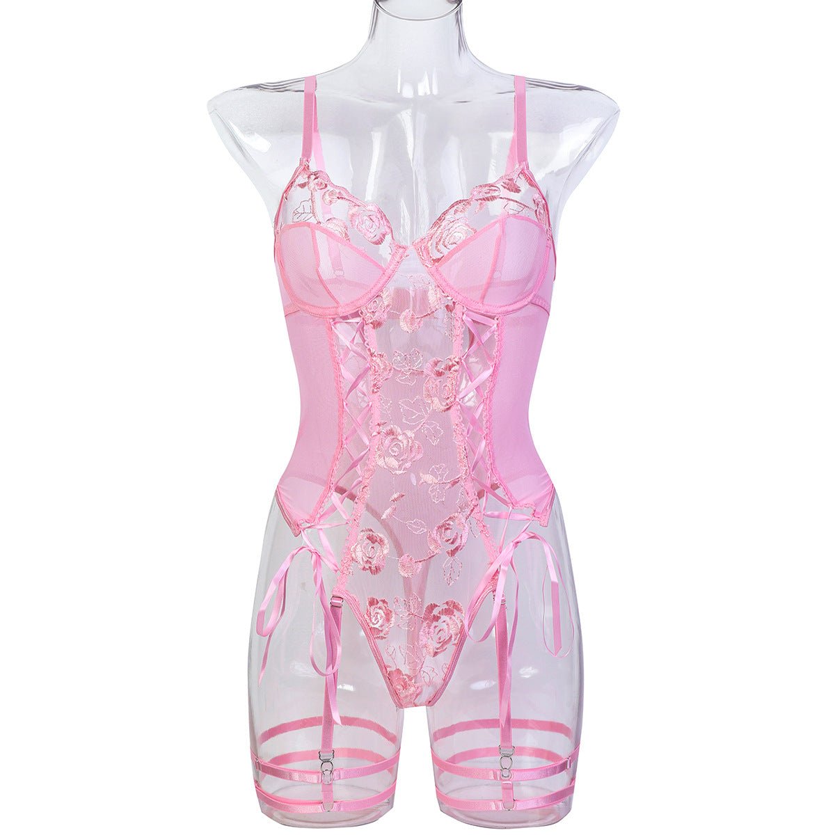 Red Rose Flower Embroidery Tie - neck Cross Sexy Underwear - Serenity Spaces