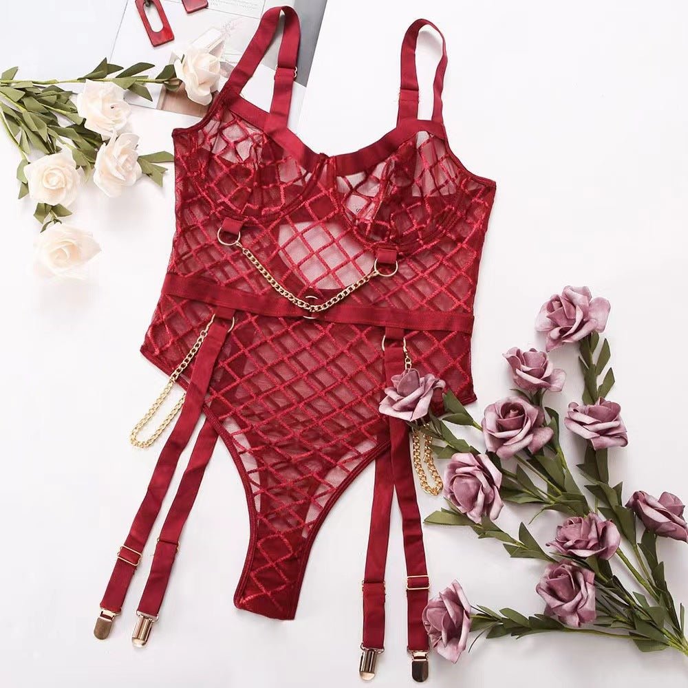 One - piece Lingerie One Piece Metal Chain Grid Passion Sexy Underwear - Serenity Spaces