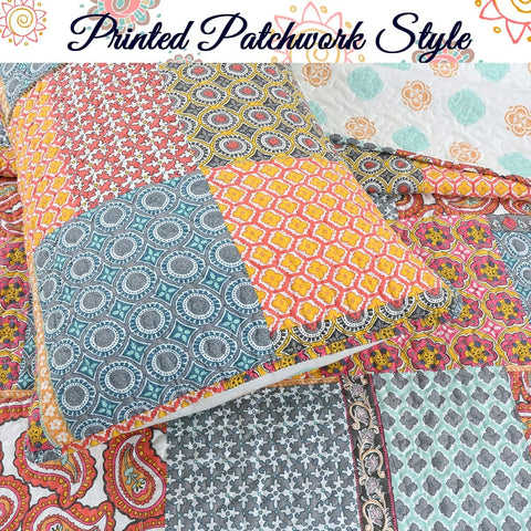 Tangerine Orange Gray Blue Motif Geometric Ogee Paisley Reversible Quilt Bedding Set, Bedspread, Coverlet Lightweight for All Seasons (Antique Chic, King - 3 Piece)