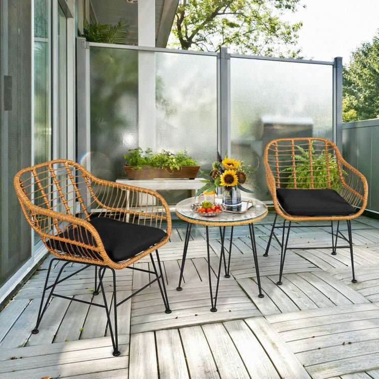 3 Pieces Rattan Furniture Set With Cushioned Chair Table - Serenity Spaces