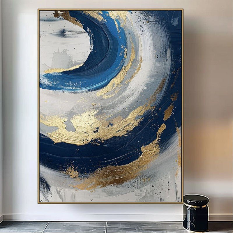 Luxury Handmade Abstract Oil Painting Wall Art Modern Golden Blue Minimalist Texture Canvas Mural For Living Room Decor Frameless - Serenity Spaces