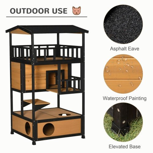 Wooden Outdoor Cat House, Wild Cat Shelter Kitten Tree - Serenity Spaces