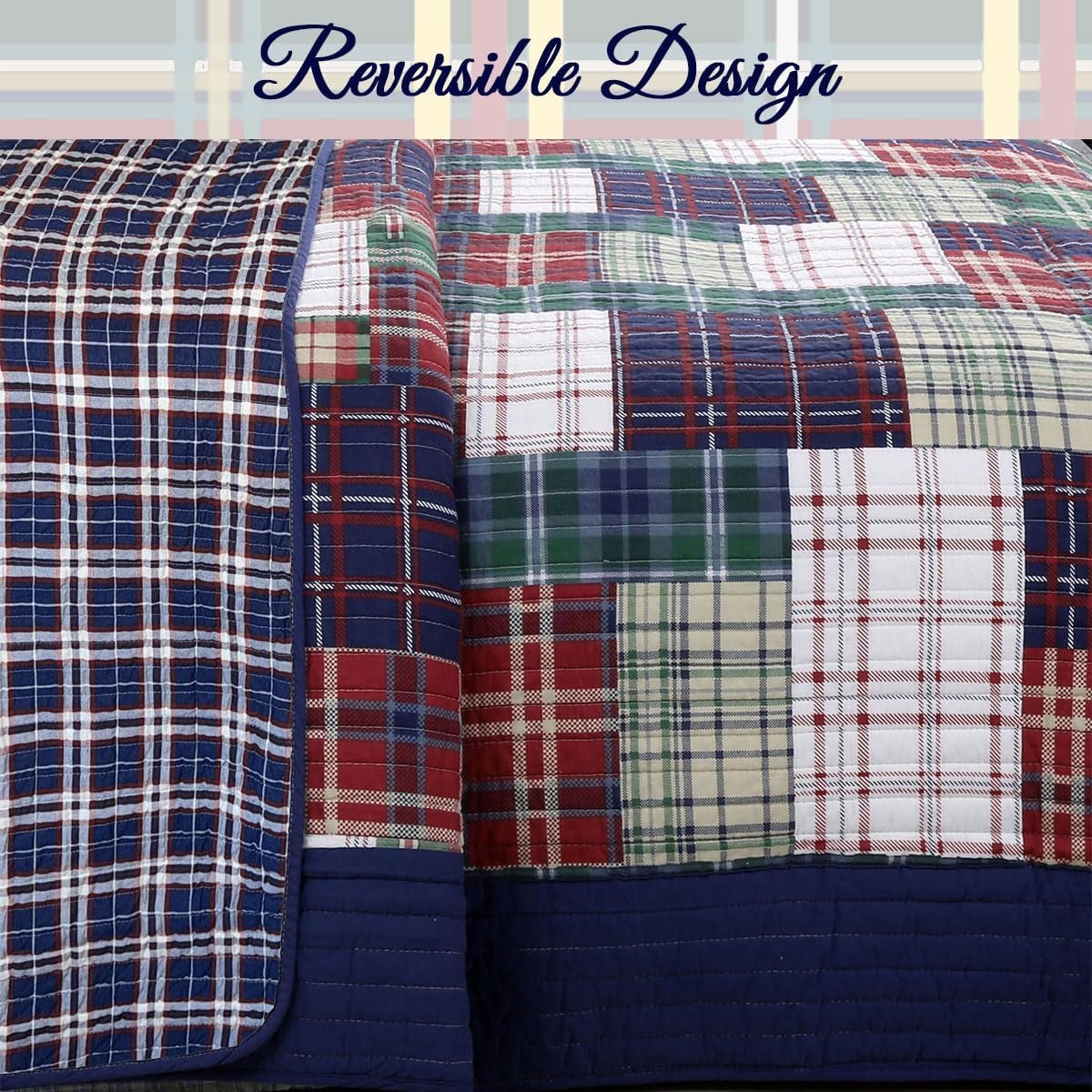 Navy Blue Green Red Plaid 100% Cotton Quilt Bedding Set, Reversible Coverlet, Bedspread (England Patchwork, Queen - 3 Piece) - Serenity Spaces