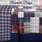 Navy Blue Green Red Plaid 100% Cotton Quilt Bedding Set, Reversible Coverlet, Bedspread (England Patchwork, Queen - 3 Piece)