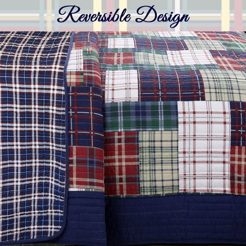 Navy Blue Green Red Plaid 100% Cotton Quilt Bedding Set, Reversible Coverlet, Bedspread (England Patchwork, Queen - 3 Piece)