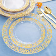 150Pcs Clear Gold Lace Plastic Party Plates Disposable Dinnerware Set Include 30 Dinner Plate-30 Dessert Plate-90 Gold Silverware Perfect for Birthday Wedding Party Dinner