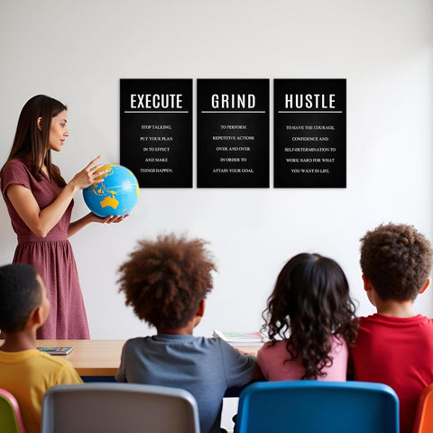 Hustle Grind Execute Wall Art Set - 3 Pieces 16"X24" Motivational Canvas Wall Art with Wooden Frame, Inspirational Quotes Decor for Office & Home Motivational Posters, Office & Gym Decor