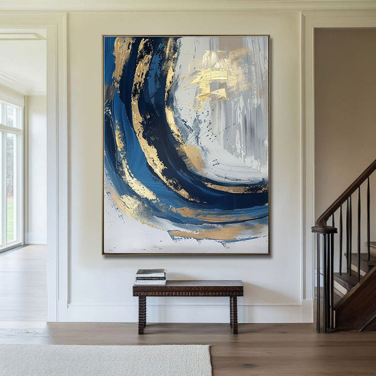 Luxury Handmade Abstract Oil Painting Wall Art Modern Golden Blue Minimalist Texture Canvas Mural For Living Room Decor Frameless - Serenity Spaces