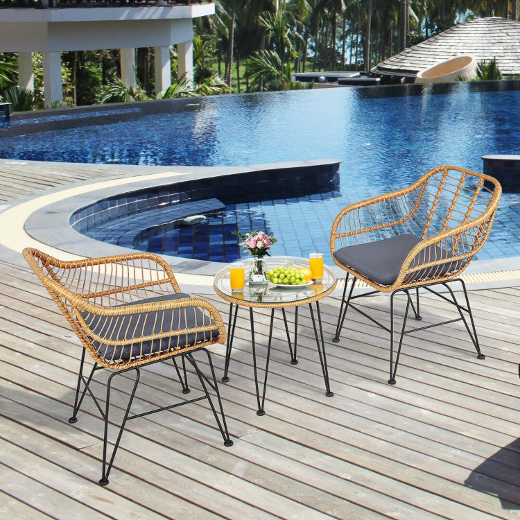 3 Pieces Rattan Furniture Set With Cushioned Chair Table - Serenity Spaces