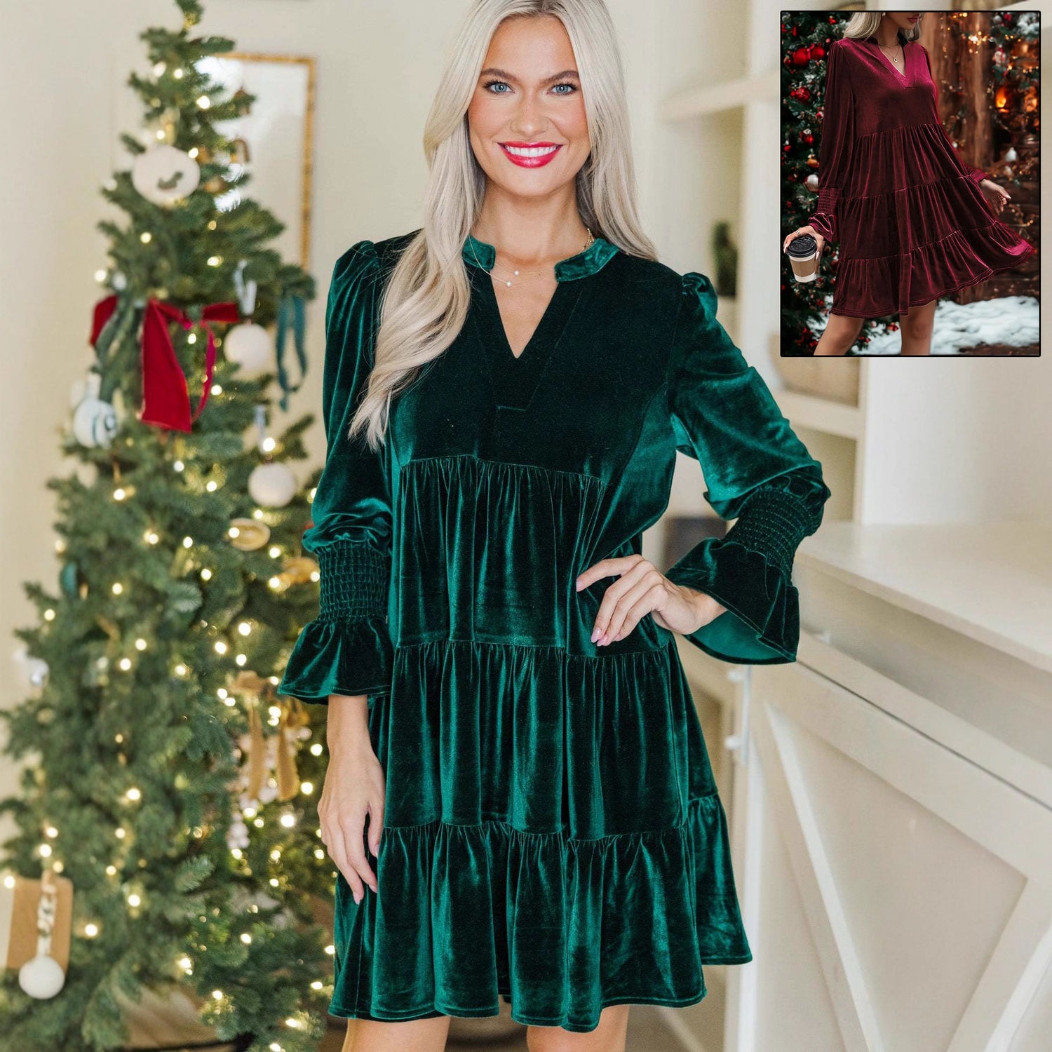 Long Sleeve Skirt Velvet Cake Dresses With Puffy Sleeves And V - Neck Mini Skirt Elegant Short Dress For Women New Year Party Clothing - Serenity Spaces