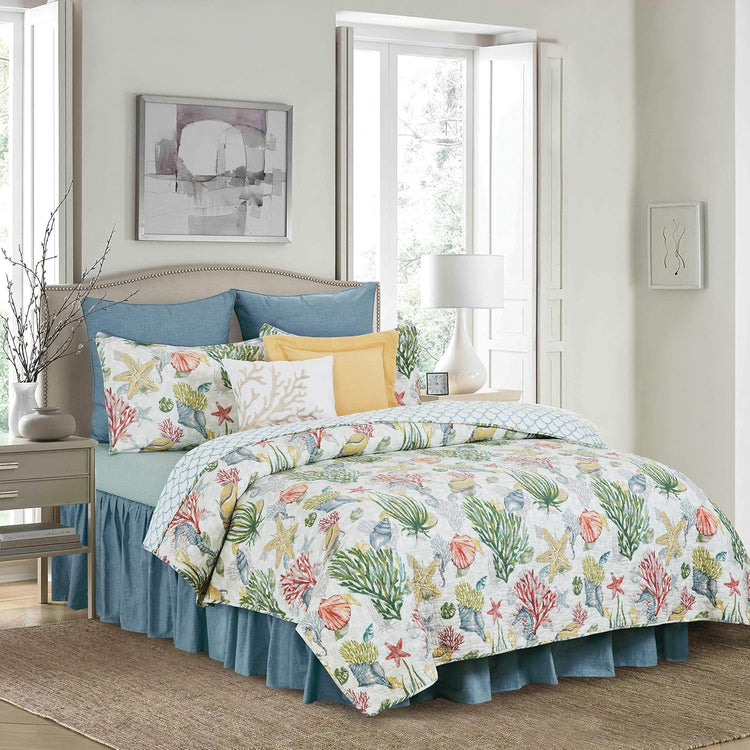 Shellwood Sound King 3 Piece Quilt Set Summer Beach Ocean Coastal Reversible Machine Washable Lightweight Bedspread Coverlet King 3 Piece Set Blue - Serenity Spaces
