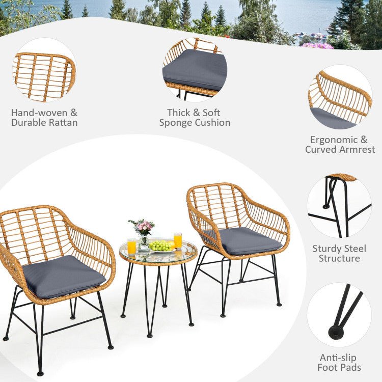 3 Pieces Rattan Furniture Set With Cushioned Chair Table - Serenity Spaces