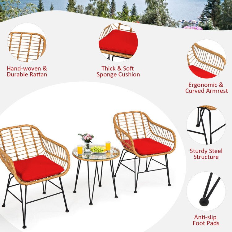 3 Pieces Rattan Furniture Set With Cushioned Chair Table - Serenity Spaces