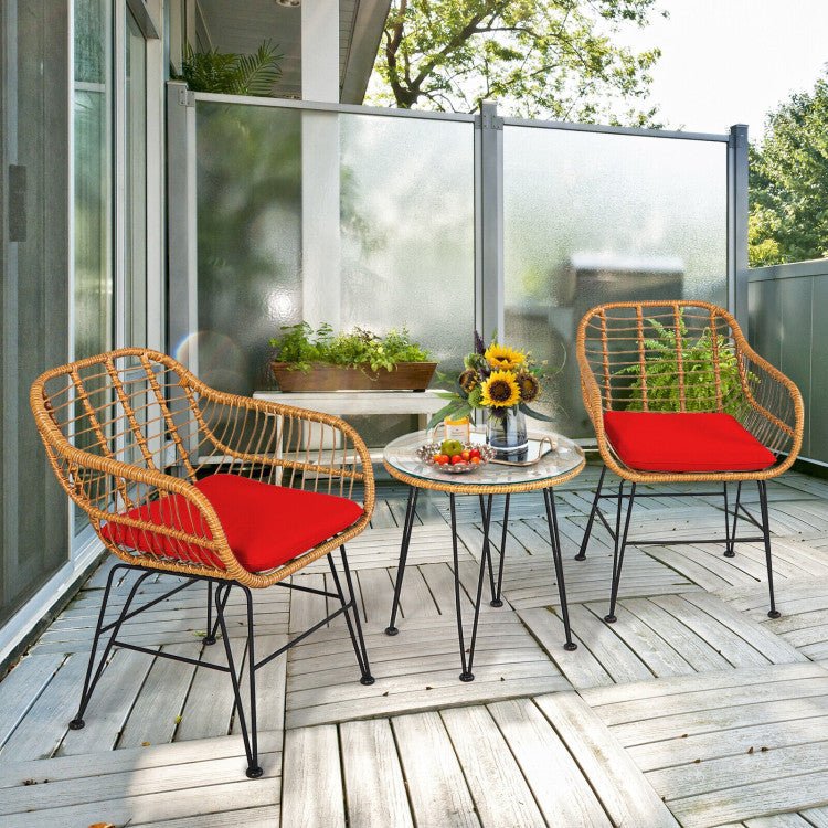 3 Pieces Rattan Furniture Set With Cushioned Chair Table - Serenity Spaces