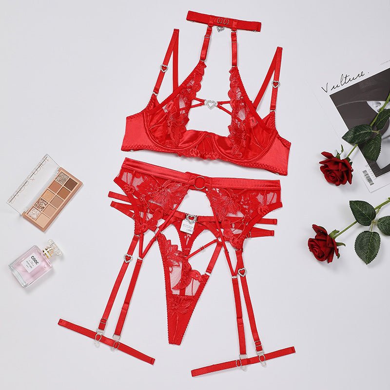 Love Drill Buckle Sexy Cutout Embroidered Sexy Lingerie Suit - Serenity Spaces