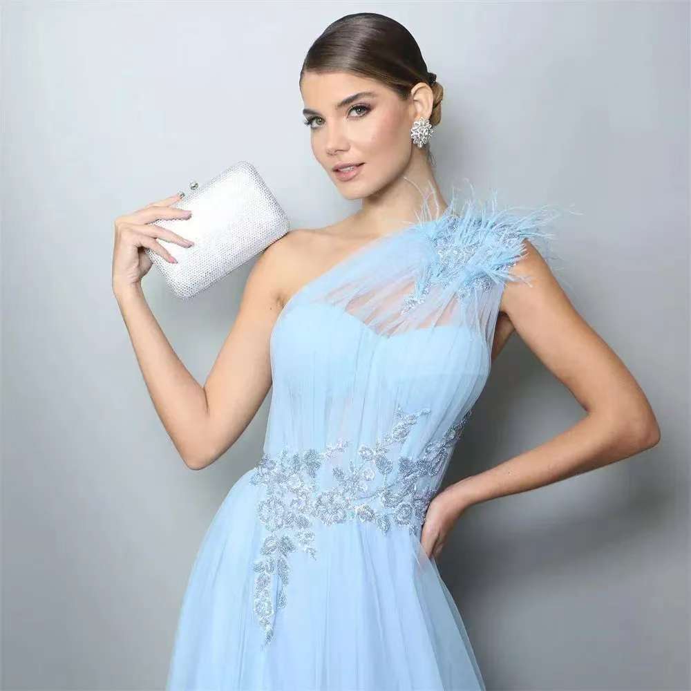 Blue One - shoulder Feather Wedding Dress - Serenity Spaces