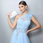 Blue One - shoulder Feather Wedding Dress - Serenity Spaces