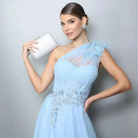 Blue One-shoulder Feather Wedding Dress