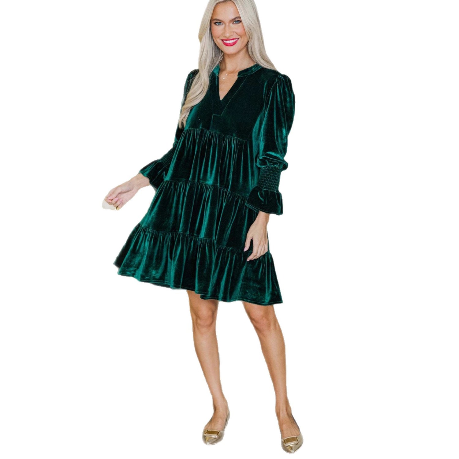 Long Sleeve Skirt Velvet Cake Dresses With Puffy Sleeves And V - Neck Mini Skirt Elegant Short Dress For Women New Year Party Clothing - Serenity Spaces