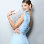 Blue One-shoulder Feather Wedding Dress